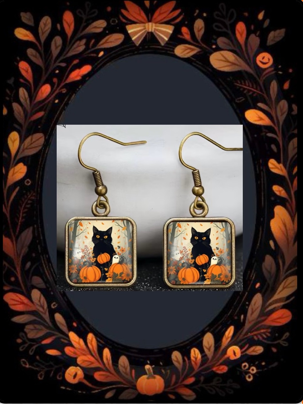 Cute Black Cat 🐈‍⬛ Fall Leaves 🍂 & Pumpkin 🎃 Earrings